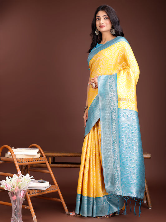 Astita Graceful Yellow & Blue Banarasi Silk Saree with Rich Zari Woven Border – Traditional Elegance for Celebrations