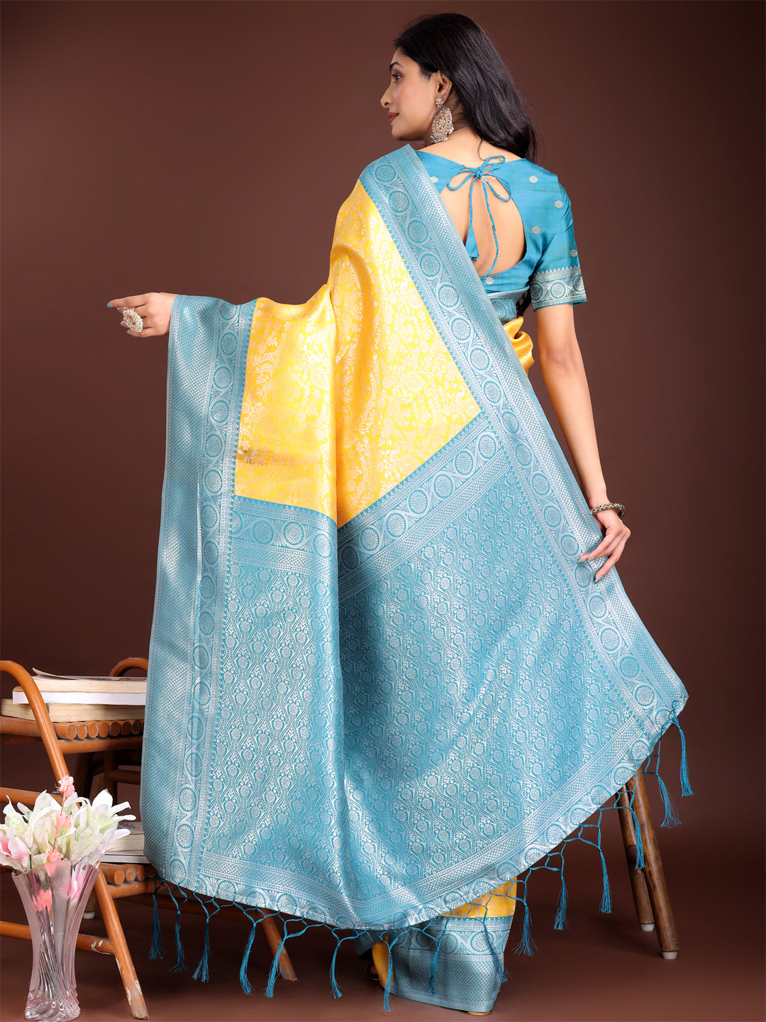 Astita Graceful Yellow & Blue Banarasi Silk Saree with Rich Zari Woven Border – Traditional Elegance for Celebrations