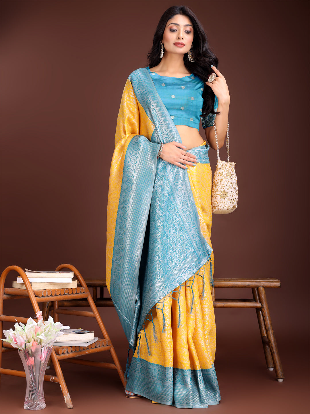 Astita Graceful Yellow & Blue Banarasi Silk Saree with Rich Zari Woven Border – Traditional Elegance for Celebrations