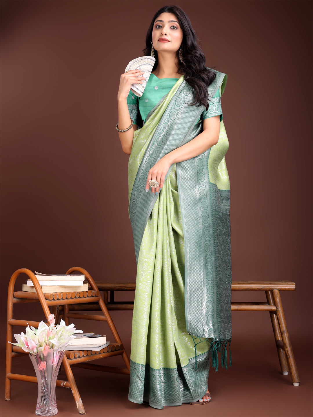 Astita Graceful Light Green & Green Banarasi Silk Saree with Rich Zari Woven Border – Traditional Elegance for Celebrations
