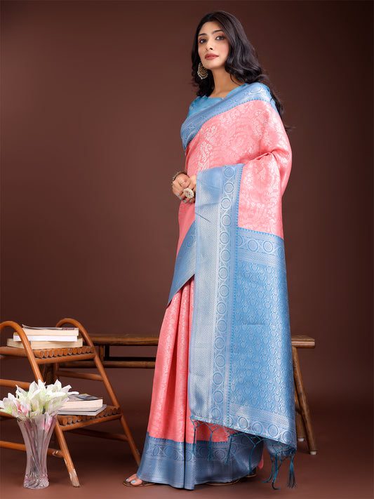 Astita Graceful Peach & Blue Banarasi Silk Saree with Rich Zari Woven Border – Traditional Elegance for Celebrations