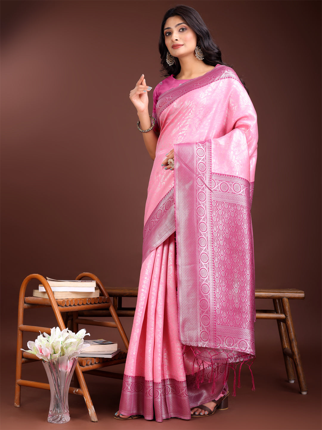 Astita Graceful Light Pink & Pink Banarasi Silk Saree with Rich Zari Woven Border – Traditional Elegance for Celebrations