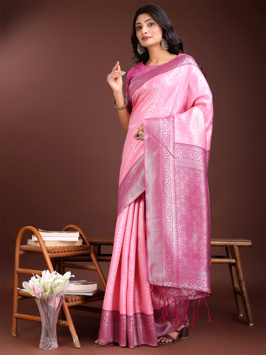 Astita Graceful Light Pink & Pink Banarasi Silk Saree with Rich Zari Woven Border – Traditional Elegance for Celebrations