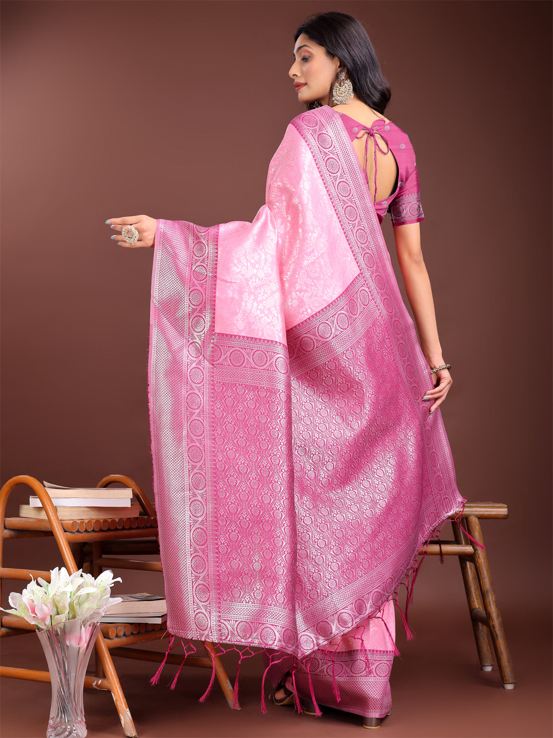 Astita Graceful Light Pink & Pink Banarasi Silk Saree with Rich Zari Woven Border – Traditional Elegance for Celebrations