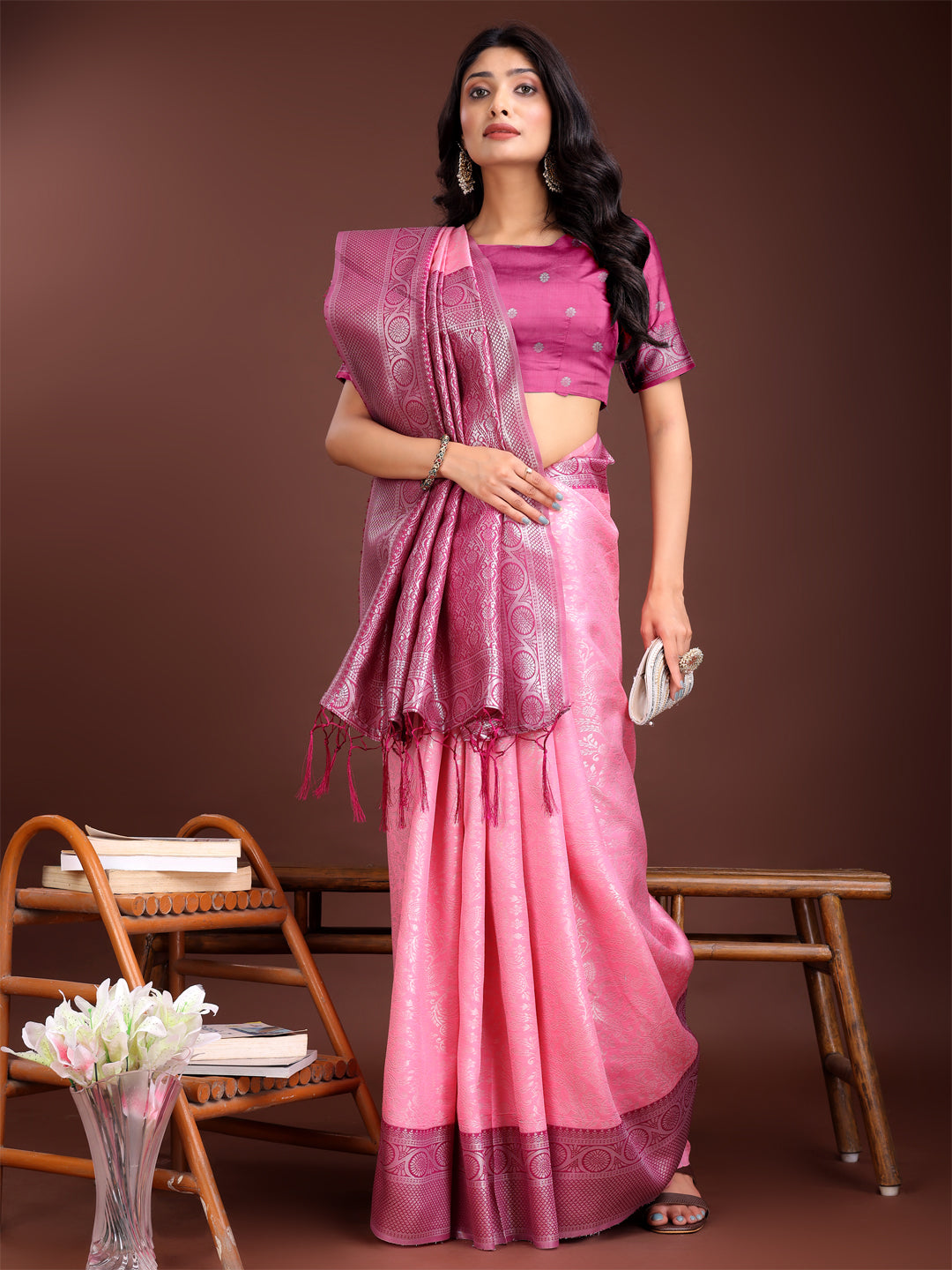 Astita Graceful Light Pink & Pink Banarasi Silk Saree with Rich Zari Woven Border – Traditional Elegance for Celebrations