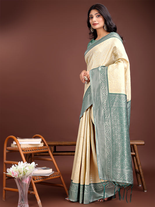 Astita Graceful Cream & Green Banarasi Silk Saree with Rich Zari Woven Border – Traditional Elegance for Celebrations