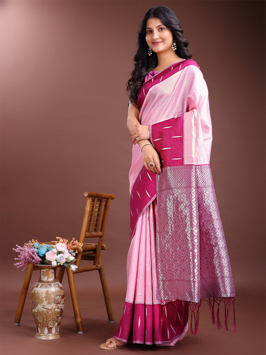 Astita Light Pink & Magenta Lichi Silk Saree with Rich Zari Pallu & Tassels – Soft Festive Wear Saree for Women