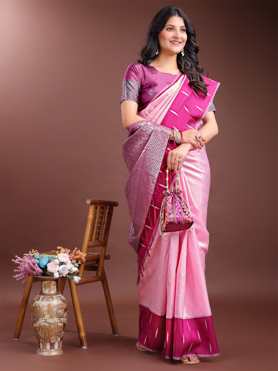Astita Light Pink & Magenta Lichi Silk Saree with Rich Zari Pallu & Tassels – Soft Festive Wear Saree for Women