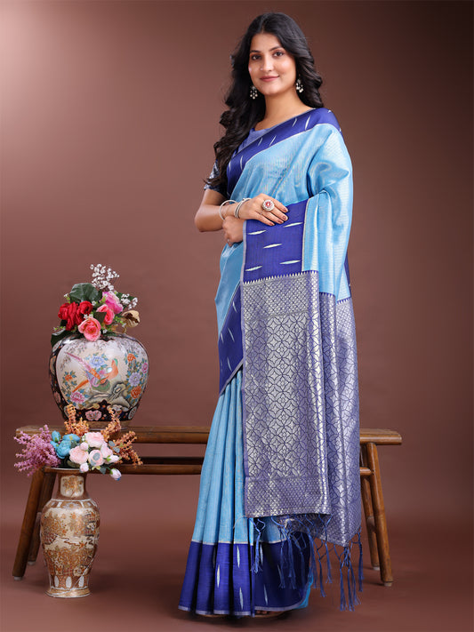 Astita Sky Blue & Blue Lichi Silk Saree with Rich Zari Pallu & Tassels – Soft Festive Wear Saree for Women