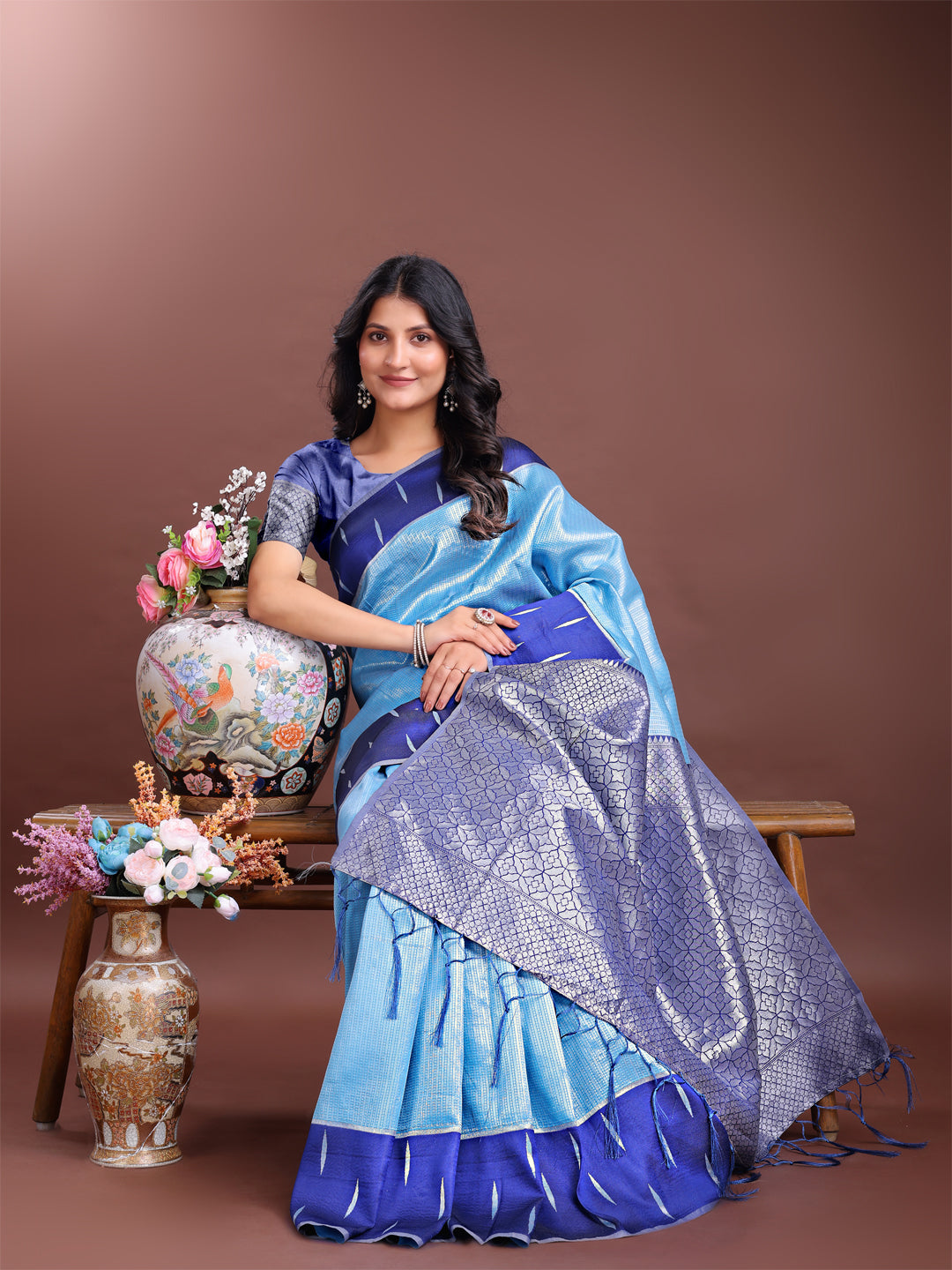 Astita Sky Blue & Blue Lichi Silk Saree with Rich Zari Pallu & Tassels – Soft Festive Wear Saree for Women