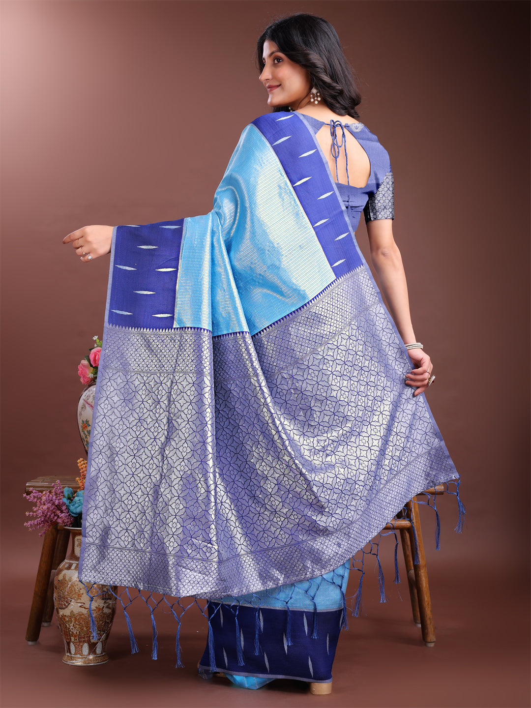 Astita Sky Blue & Blue Lichi Silk Saree with Rich Zari Pallu & Tassels – Soft Festive Wear Saree for Women