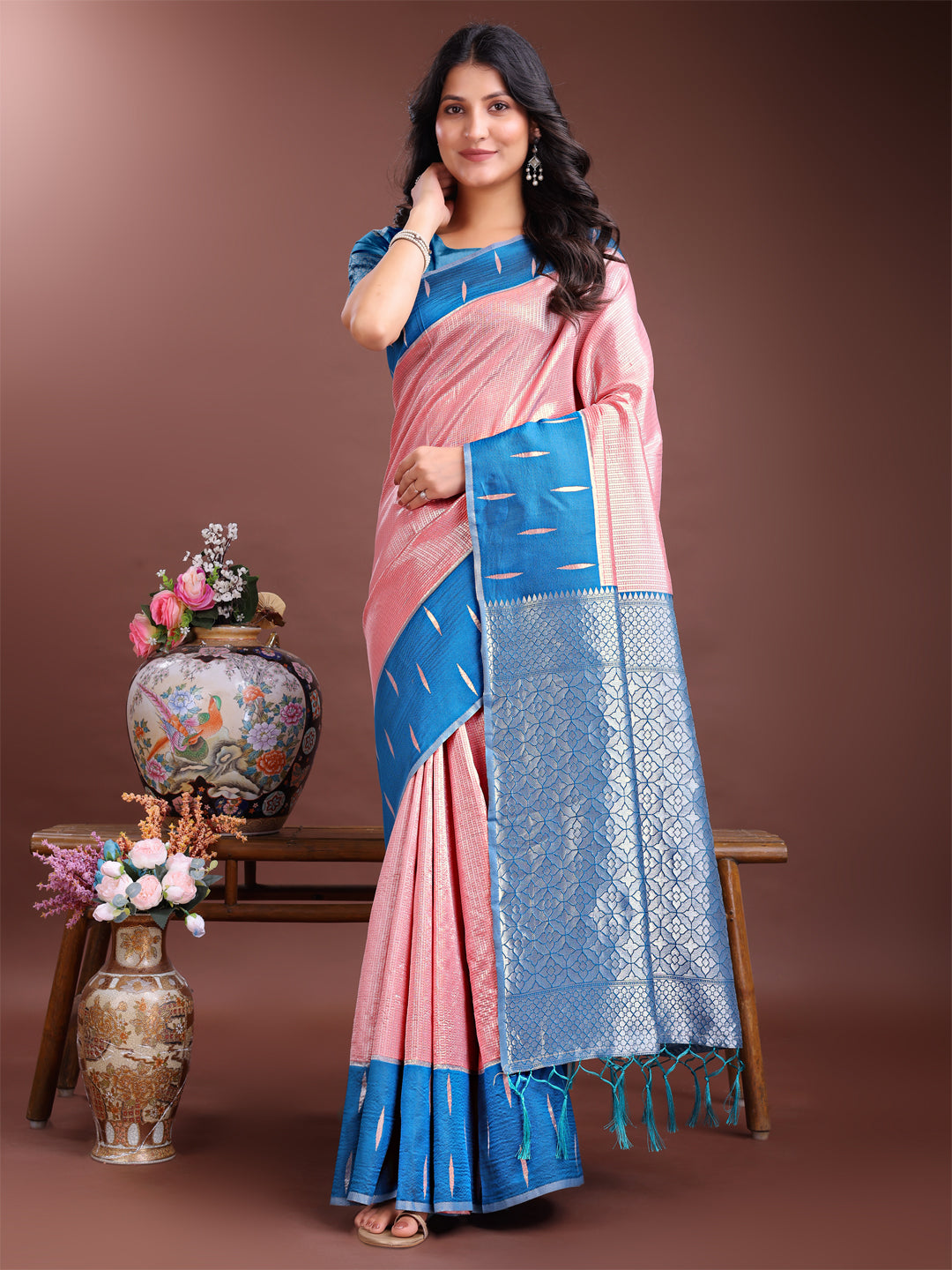 Astita Peach & Sky Blue Lichi Silk Saree with Rich Zari Pallu & Tassels – Soft Festive Wear Saree for Women