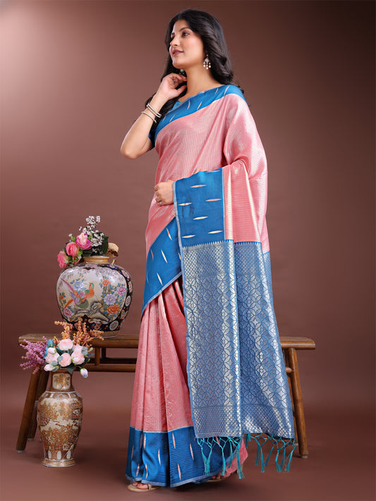 Astita Peach & Sky Blue Lichi Silk Saree with Rich Zari Pallu & Tassels – Soft Festive Wear Saree for Women