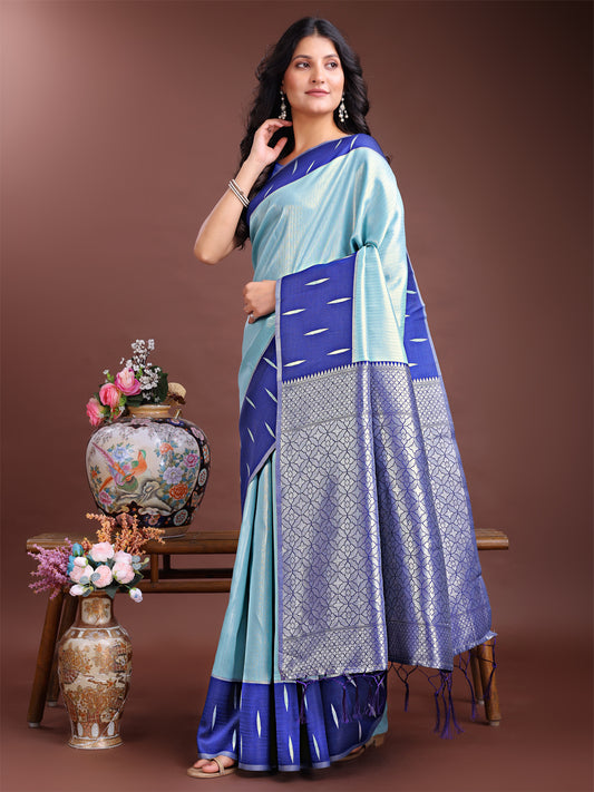 Astita Sea Green & Blue Lichi Silk Saree with Rich Zari Pallu & Tassels – Soft Festive Wear Saree for Women