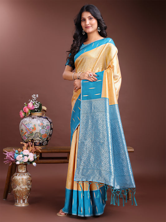 Astita Yellow & Sky Blue Lichi Silk Saree with Rich Zari Pallu & Tassels – Soft Festive Wear Saree for Women