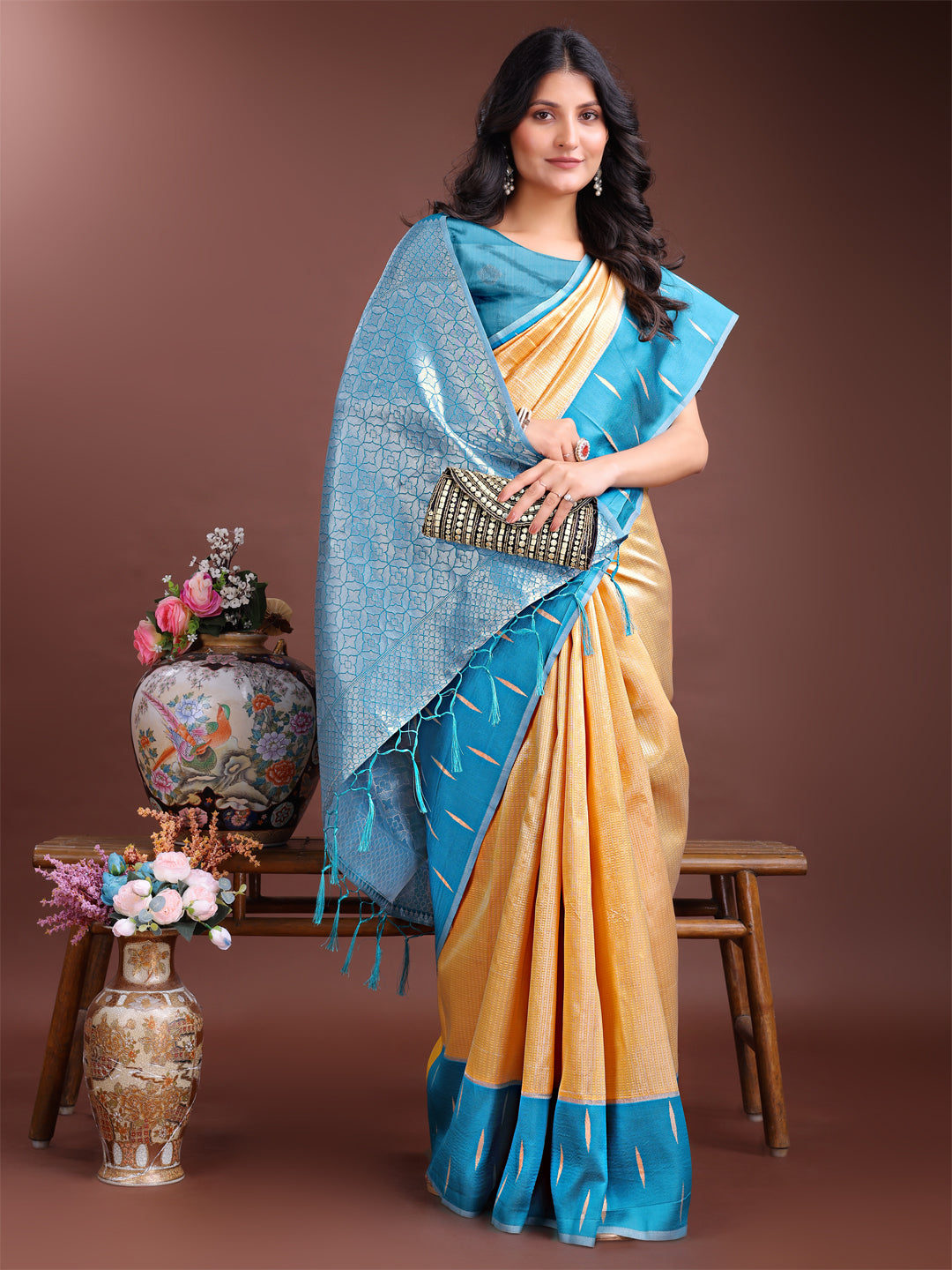 Astita Yellow & Sky Blue Lichi Silk Saree with Rich Zari Pallu & Tassels – Soft Festive Wear Saree for Women