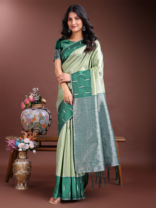Astita Light Green & Green Lichi Silk Saree with Rich Zari Pallu & Tassels – Soft Festive Wear Saree for Women