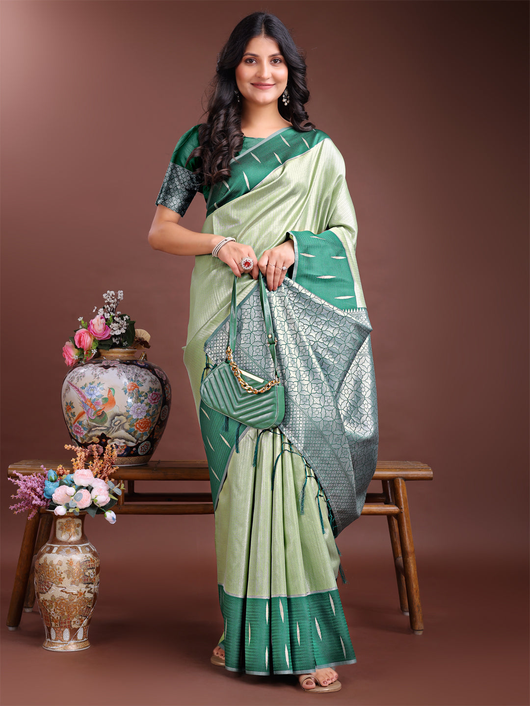 Astita Light Green & Green Lichi Silk Saree with Rich Zari Pallu & Tassels – Soft Festive Wear Saree for Women