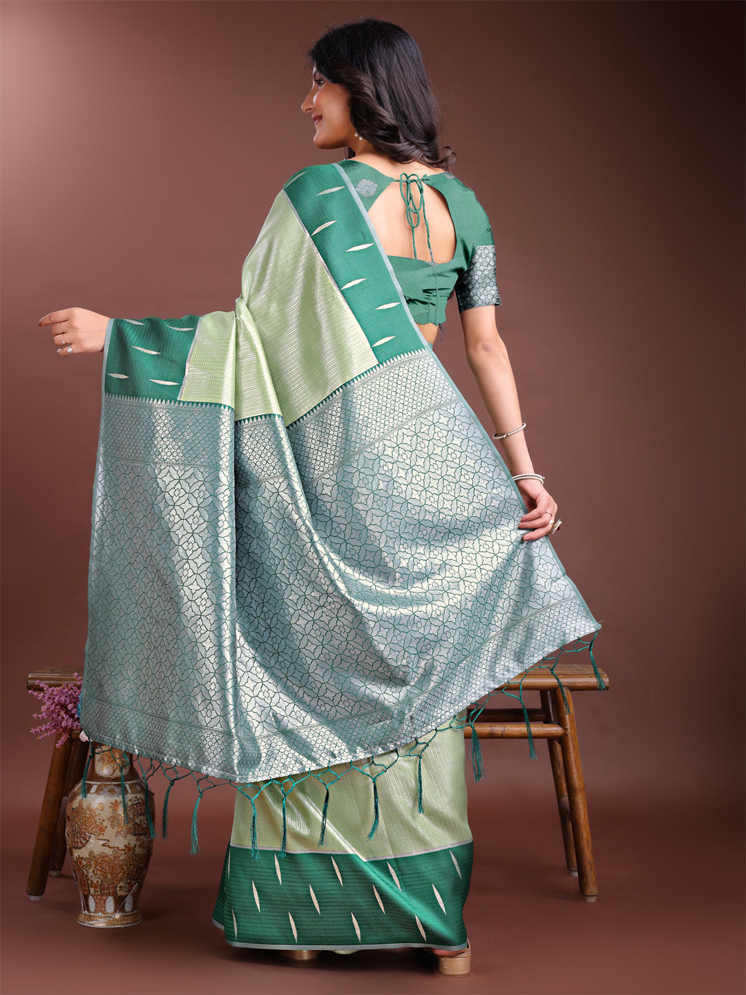 Astita Light Green & Green Lichi Silk Saree with Rich Zari Pallu & Tassels – Soft Festive Wear Saree for Women