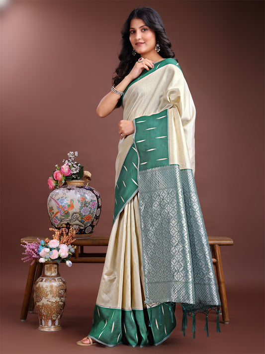 Astita Cream & Green Lichi Silk Saree with Rich Zari Pallu & Tassels – Soft Festive Wear Saree for Women