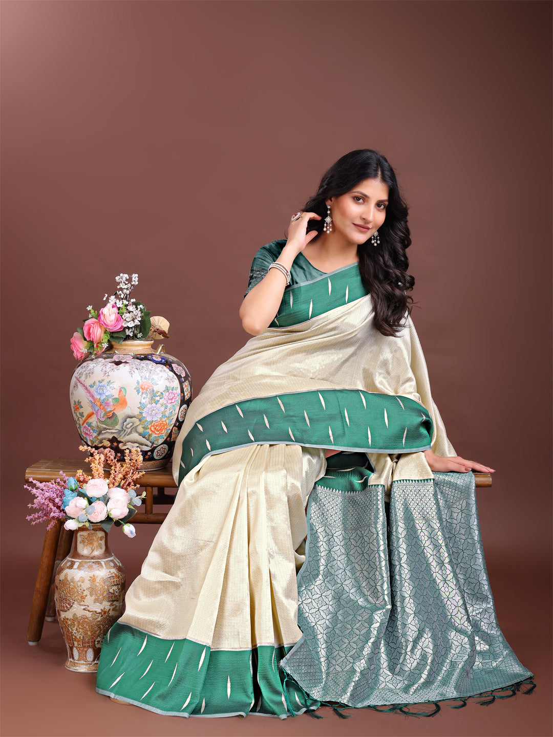 Astita Cream & Green Lichi Silk Saree with Rich Zari Pallu & Tassels – Soft Festive Wear Saree for Women