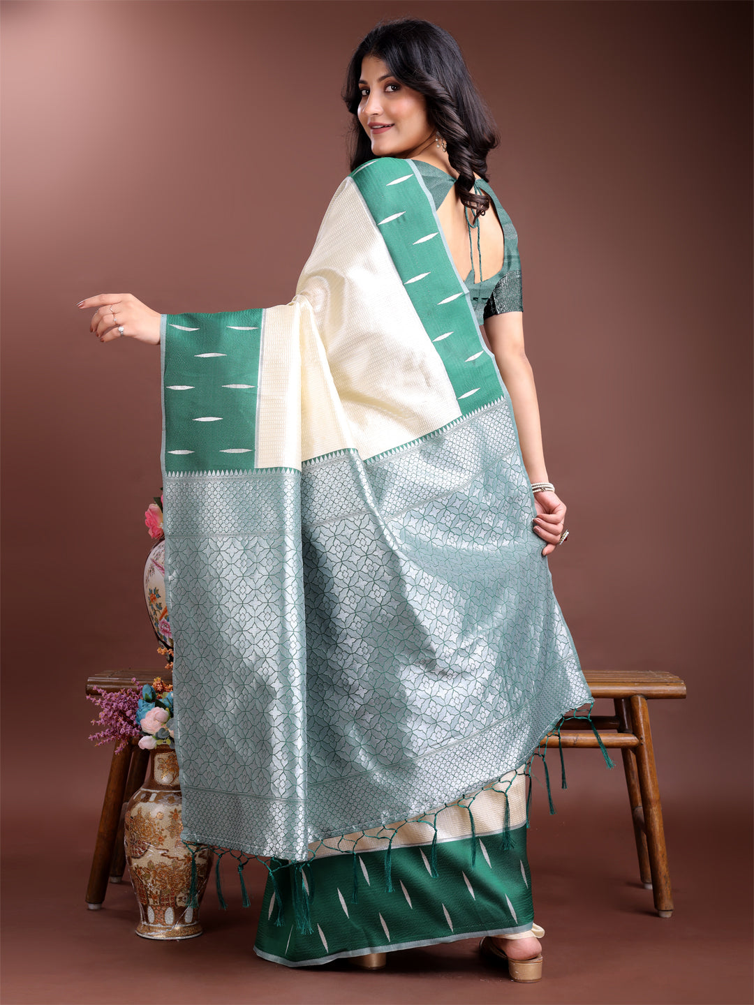Astita Cream & Green Lichi Silk Saree with Rich Zari Pallu & Tassels – Soft Festive Wear Saree for Women