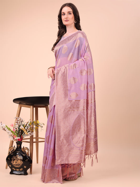 Astita Elegant Pink Banarasi Cotton Saree with Zari Leaf Motifs and Rich Pallu – Traditional Indian Saree for Festive & Wedding Wear