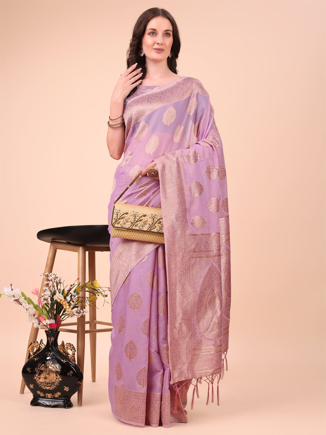 Astita Elegant Pink Banarasi Cotton Saree with Zari Leaf Motifs and Rich Pallu – Traditional Indian Saree for Festive & Wedding Wear