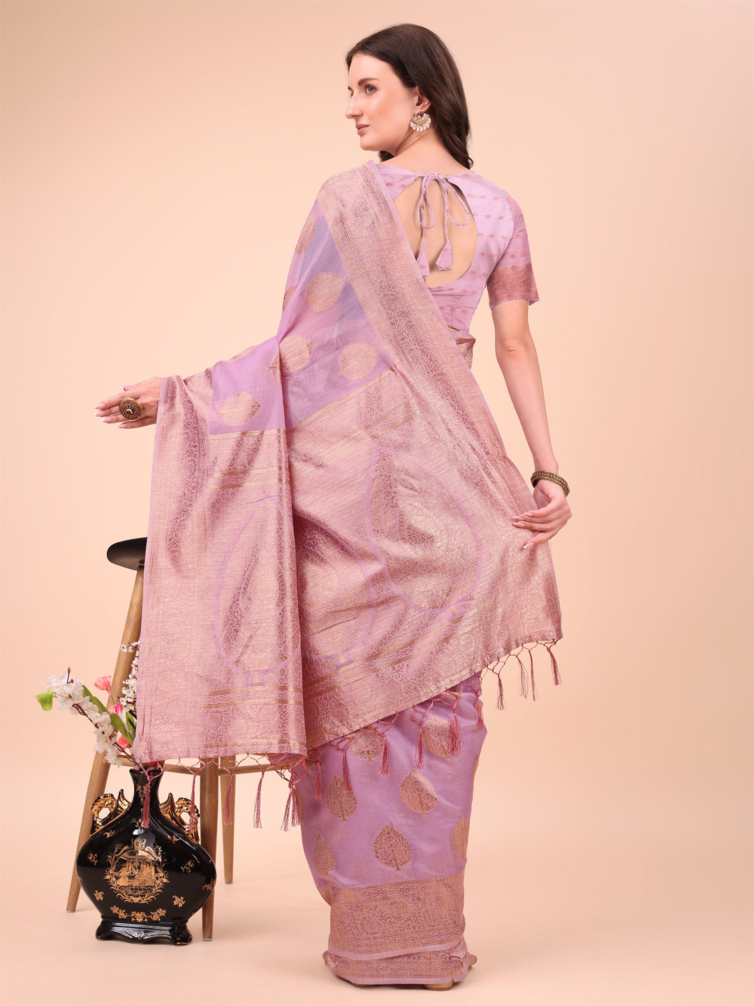 Astita Elegant Pink Banarasi Cotton Saree with Zari Leaf Motifs and Rich Pallu – Traditional Indian Saree for Festive & Wedding Wear