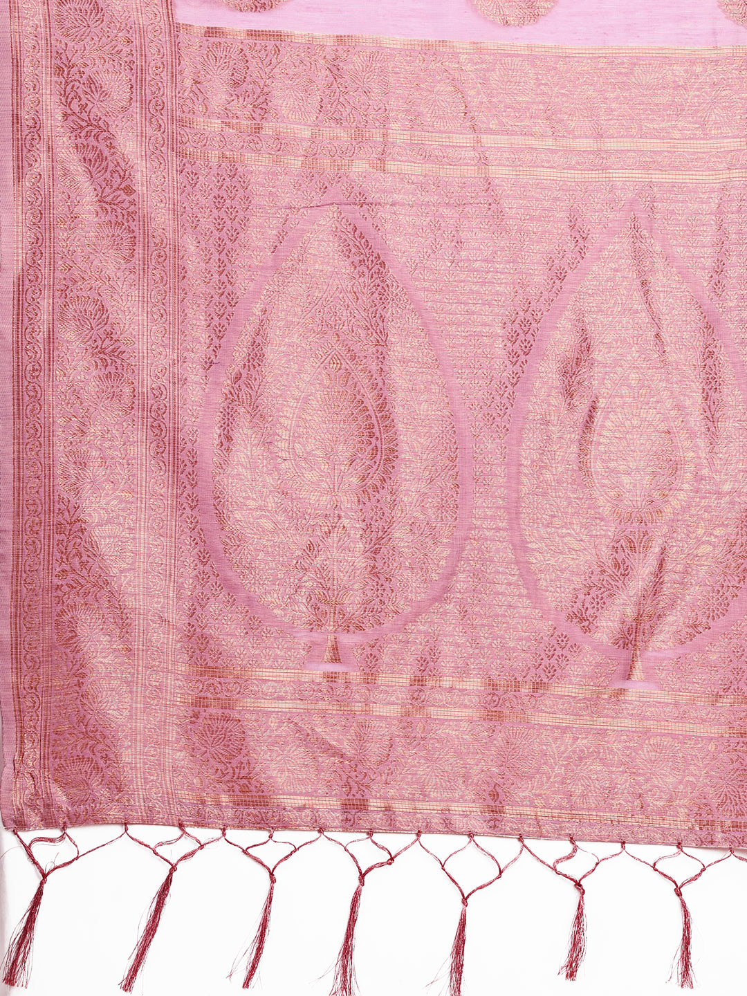 Astita Elegant Pink Banarasi Cotton Saree with Zari Leaf Motifs and Rich Pallu – Traditional Indian Saree for Festive & Wedding Wear