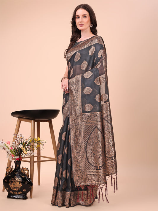 Astita Elegant Black Banarasi Cotton Saree with Zari Leaf Motifs and Rich Pallu – Traditional Indian Saree for Festive & Wedding Wear