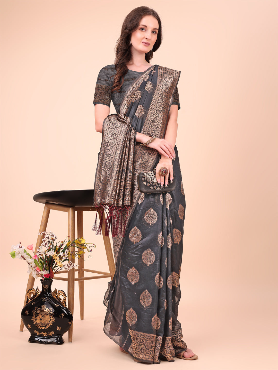 Astita Elegant Black Banarasi Cotton Saree with Zari Leaf Motifs and Rich Pallu – Traditional Indian Saree for Festive & Wedding Wear
