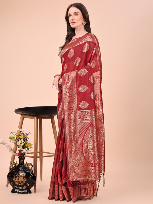 Astita Elegant Maroon Banarasi Cotton Saree with Zari Leaf Motifs and Rich Pallu – Traditional Indian Saree for Festive & Wedding Wear