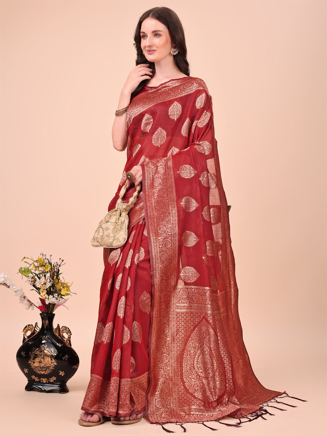 Astita Elegant Maroon Banarasi Cotton Saree with Zari Leaf Motifs and Rich Pallu – Traditional Indian Saree for Festive & Wedding Wear