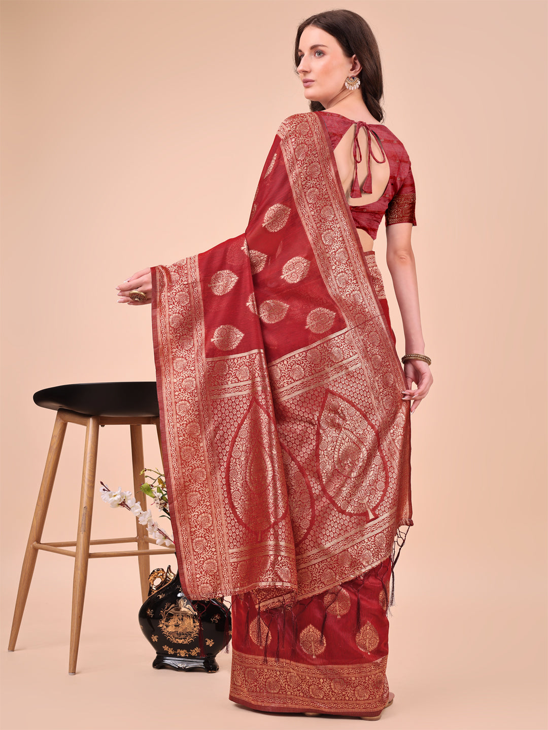 Astita Elegant Maroon Banarasi Cotton Saree with Zari Leaf Motifs and Rich Pallu – Traditional Indian Saree for Festive & Wedding Wear