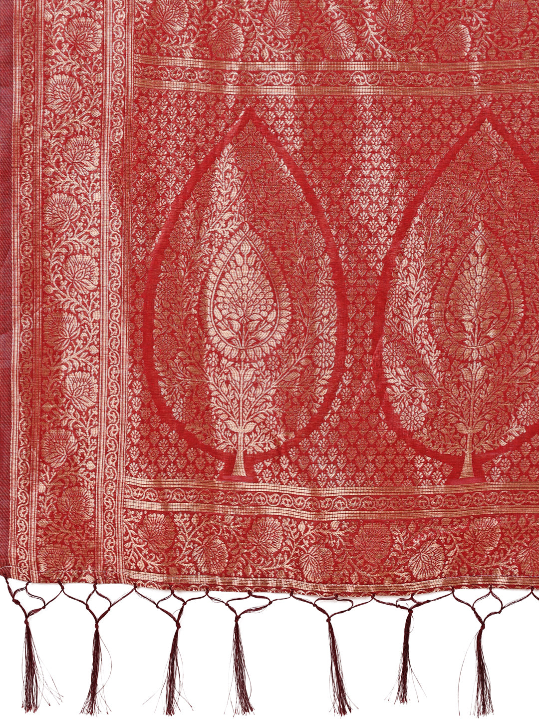 Astita Elegant Maroon Banarasi Cotton Saree with Zari Leaf Motifs and Rich Pallu – Traditional Indian Saree for Festive & Wedding Wear