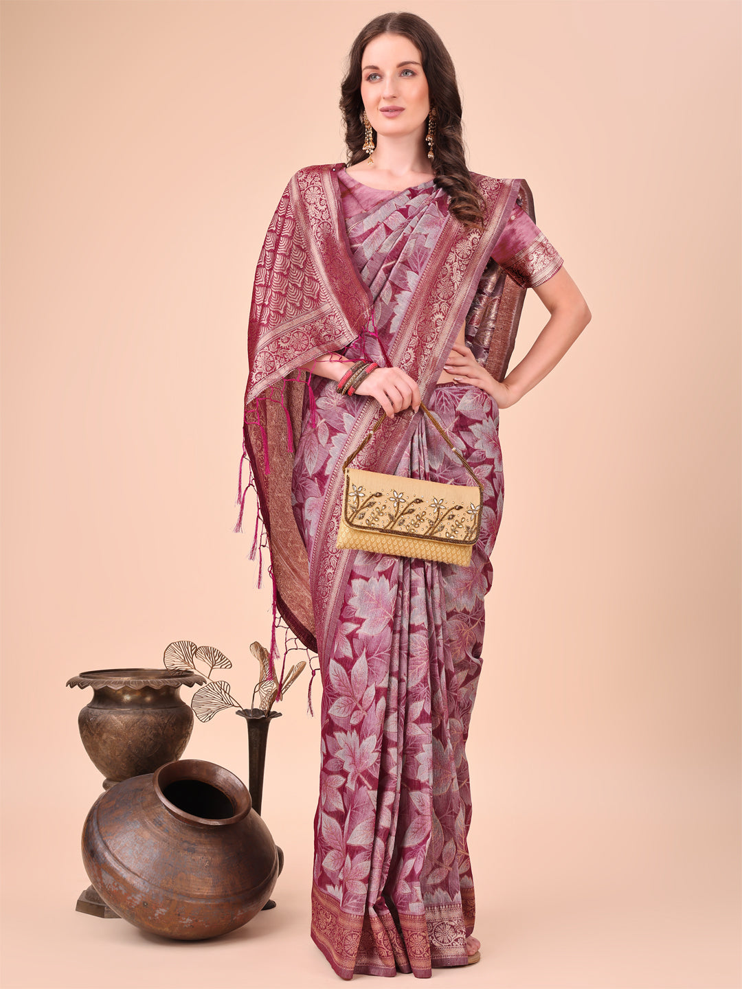 Elegant Purple Cotton Silk Saree with Floral Design & Rich Pallu