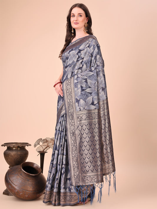 Elegant Navy Blue Cotton Silk Saree with Floral Design & Rich Pallu
