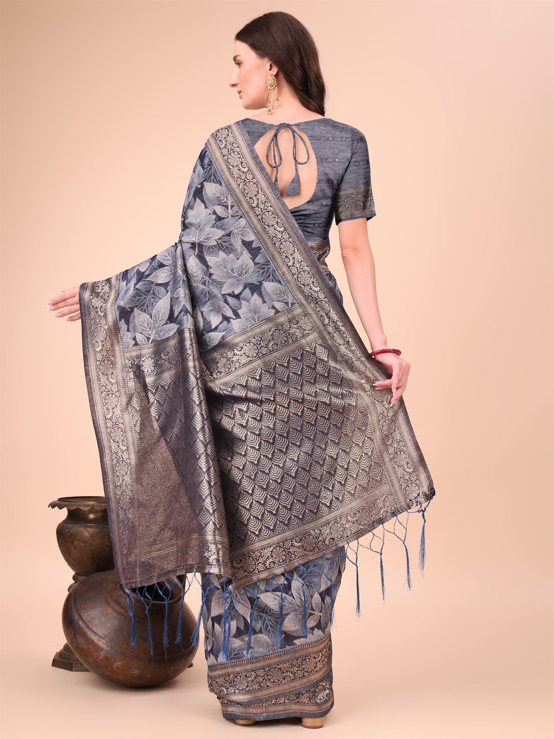 Elegant Navy Blue Cotton Silk Saree with Floral Design & Rich Pallu
