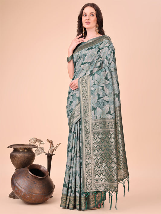 Elegant Green Cotton Silk Saree with Floral Design & Rich Pallu – Festive & Wedding Wear