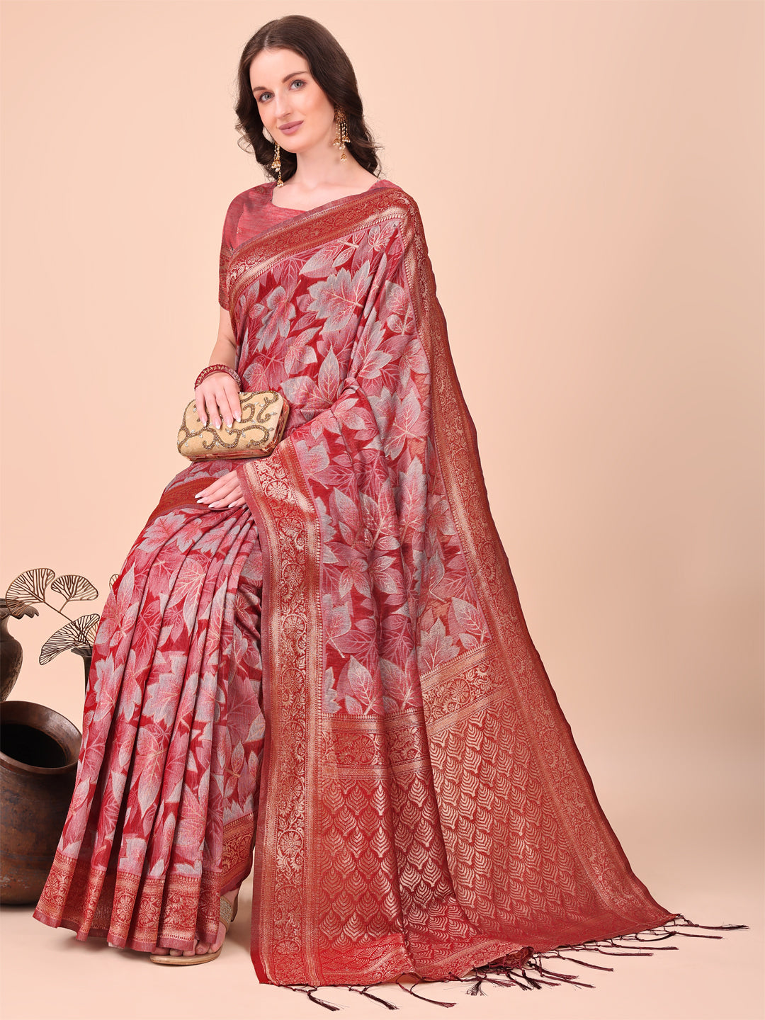 Elegant Red Cotton Silk Saree with Floral Design & Rich Pallu
