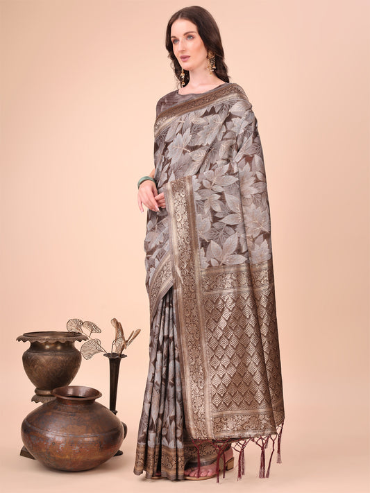 Elegant Brown Cotton Silk Saree with Floral Design & Rich Pallu