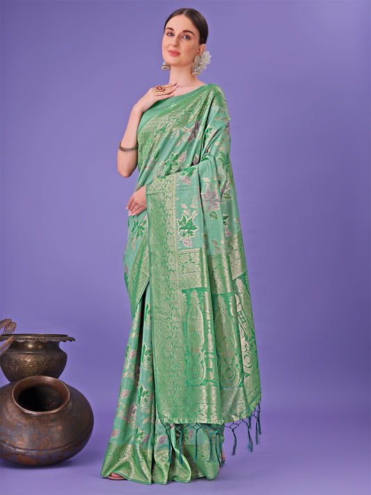 Astita Elegant Green Floral Lichi Silk Saree with Zari Weaving and Rich Pallu – Wedding & Festive Wear Saree