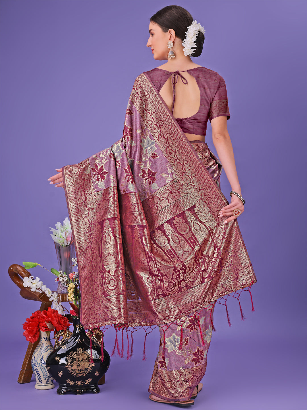 Astita Elegant Purple Floral Lichi Silk Saree with Zari Weaving and Rich Pallu – Wedding & Festive Wear Saree
