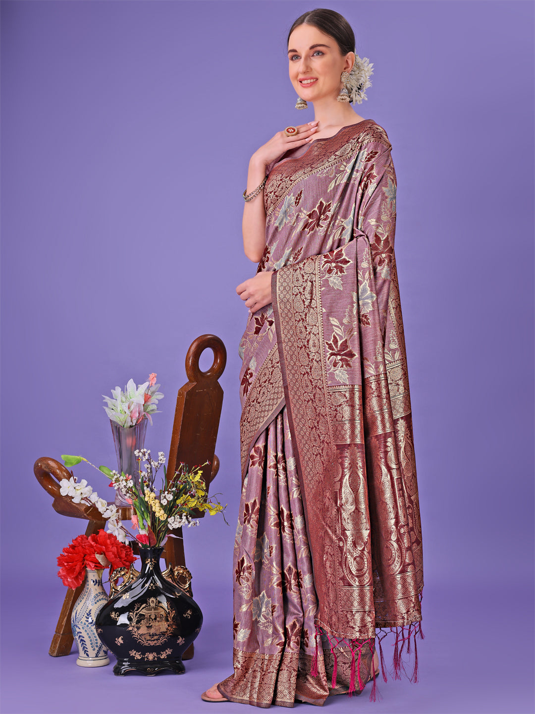 Astita Elegant Maroon Floral Lichi Silk Saree with Zari Weaving and Rich Pallu – Wedding & Festive Wear Saree