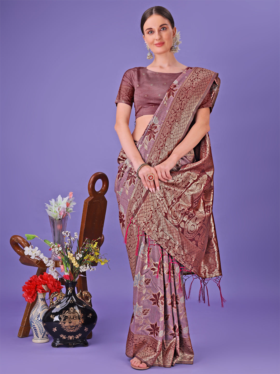 Astita Elegant Maroon Floral Lichi Silk Saree with Zari Weaving and Rich Pallu – Wedding & Festive Wear Saree