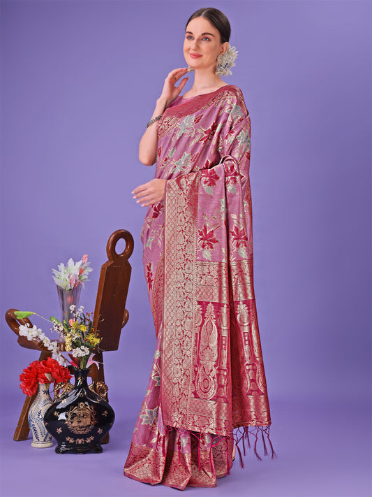 Astita Elegant Pink Floral Lichi Silk Saree with Zari Weaving and Rich Pallu – Wedding & Festive Wear Saree