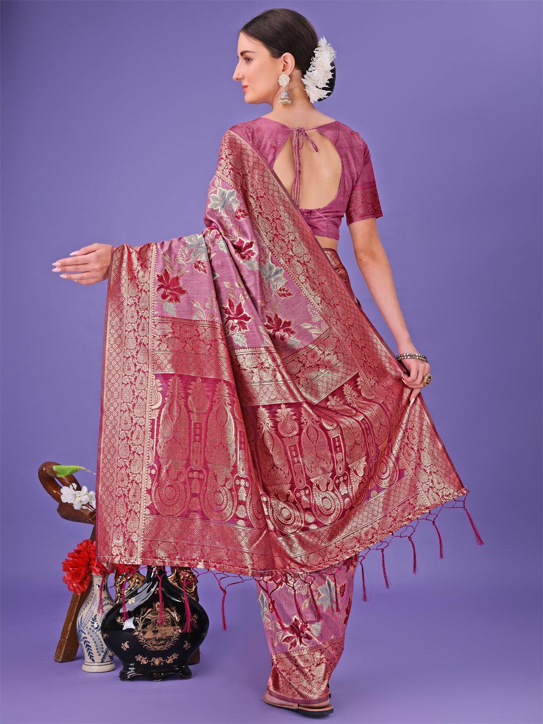 Astita Elegant Pink Floral Lichi Silk Saree with Zari Weaving and Rich Pallu – Wedding & Festive Wear Saree