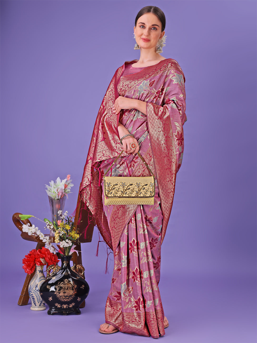 Astita Elegant Pink Floral Lichi Silk Saree with Zari Weaving and Rich Pallu – Wedding & Festive Wear Saree