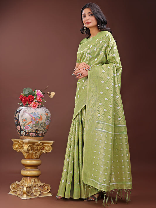 Astita Elegant Light Green Linen Saree with Silver Zari Butta & Pallu – Daily Wear | Festive Look | Soft Feel